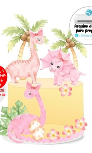 Arquivo de Corte Topo de Bolo Dinossauro Rosa Aquarelado