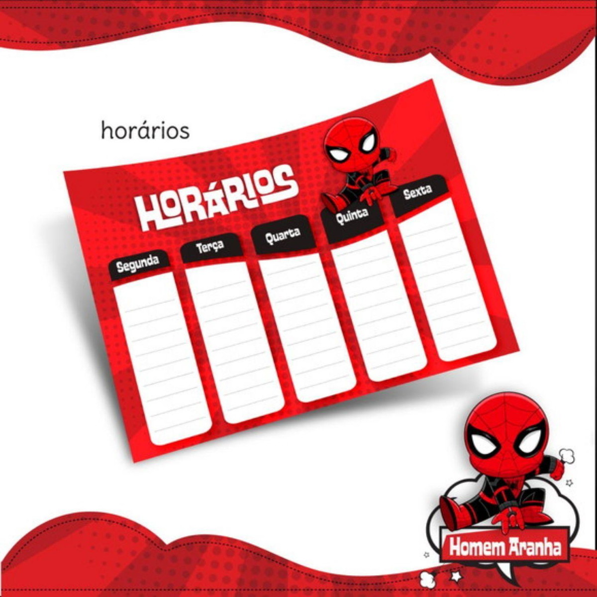 Arquivo Prancheta Horários Escolar Homem Aranha PDF PNG