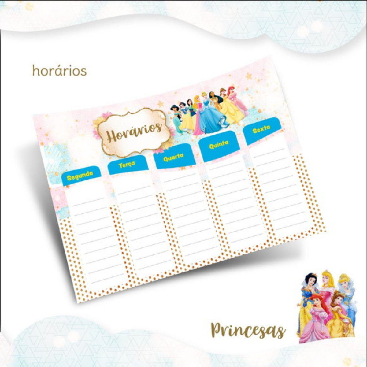 Arquivo Prancheta Horários Escolar Princesas Disney PDF PNG