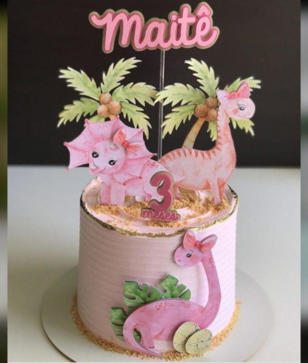 Arquivo Topo de Bolo Dinossauro Aquarelado Rosa *Studio - Imagem 3