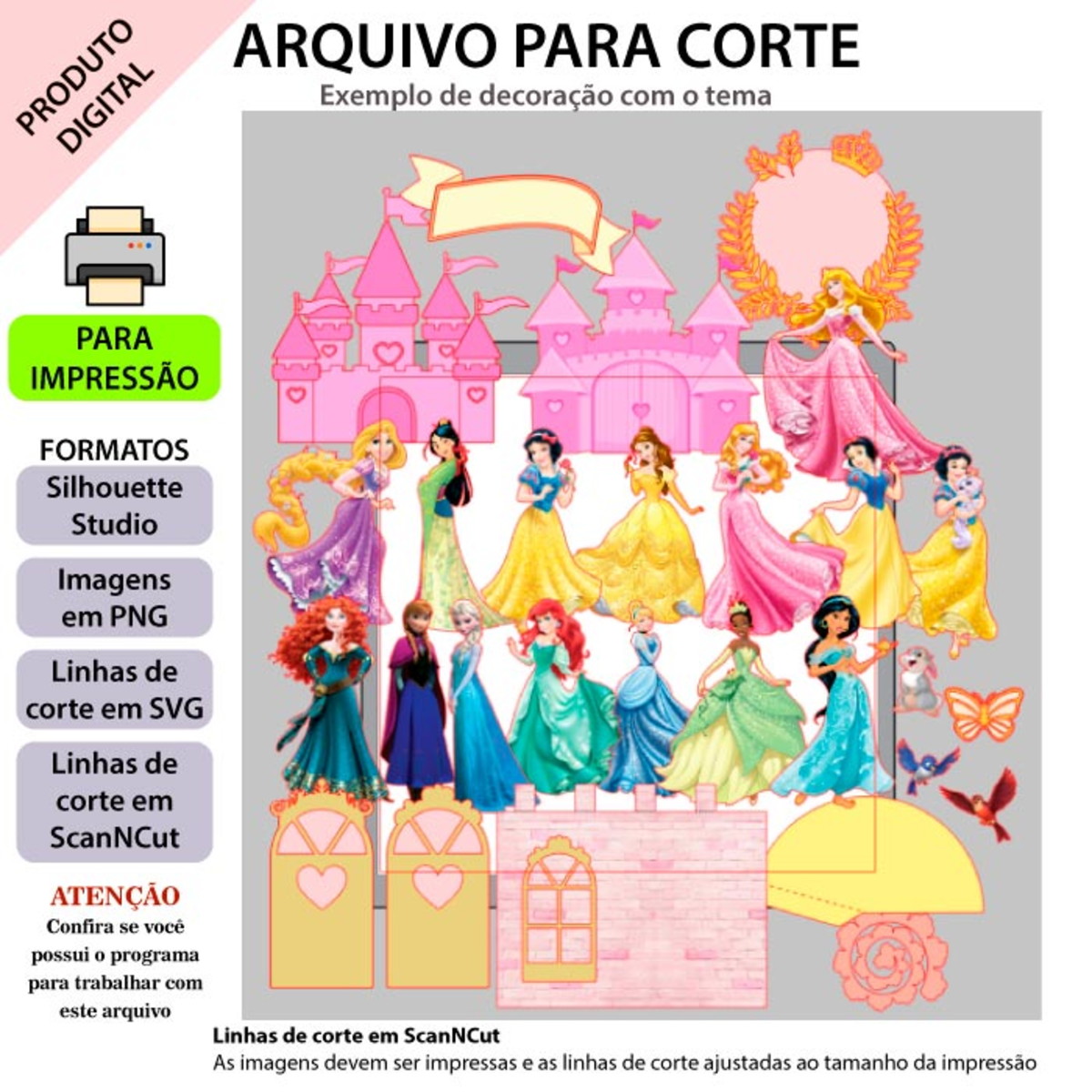 ARQUIVO Topo de bolo Princesas com Castelo +1 tema da loja - Imagem 3