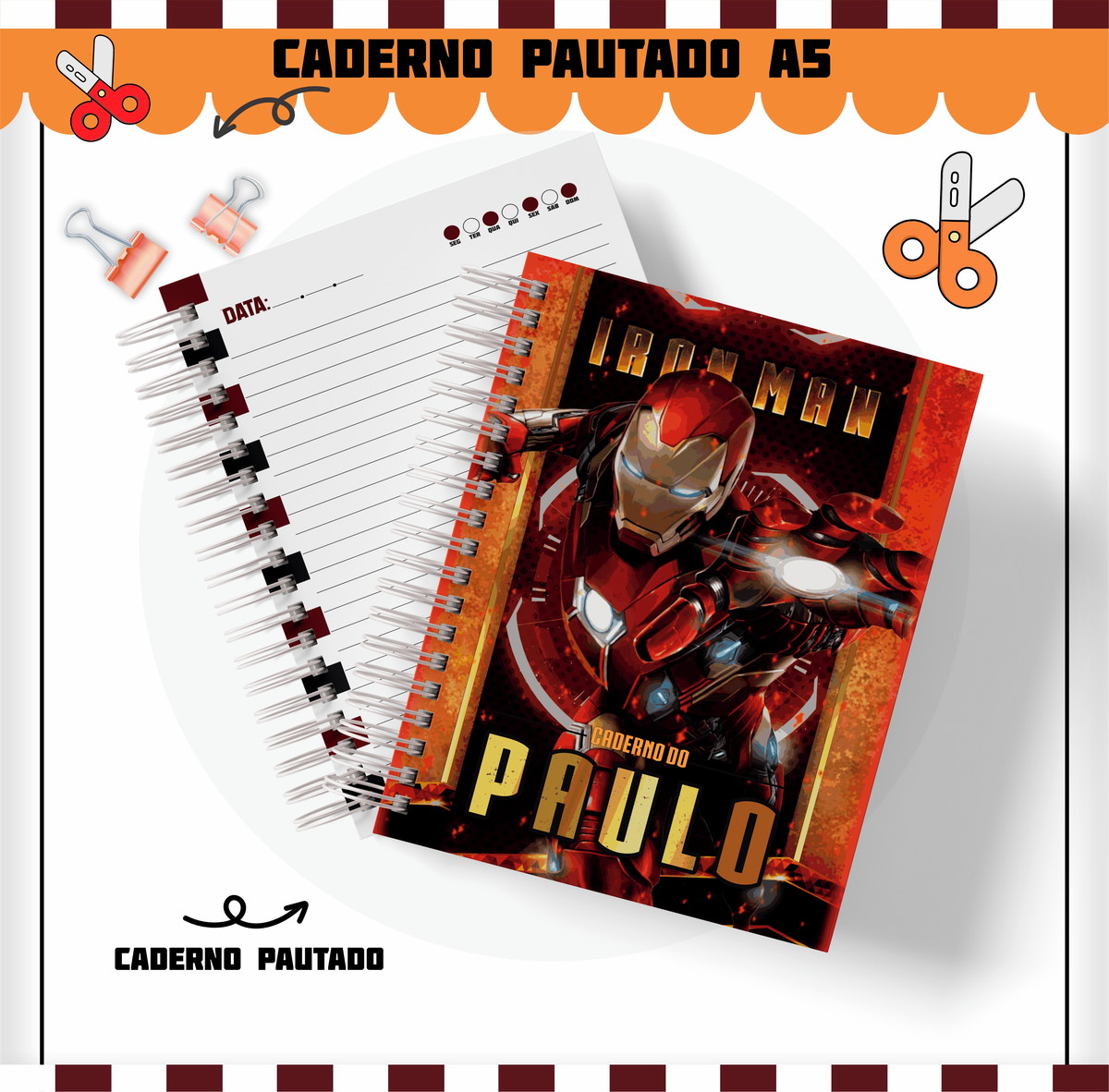 Etiquetas. Cadernos, Homem de Ferro em Png e pdf