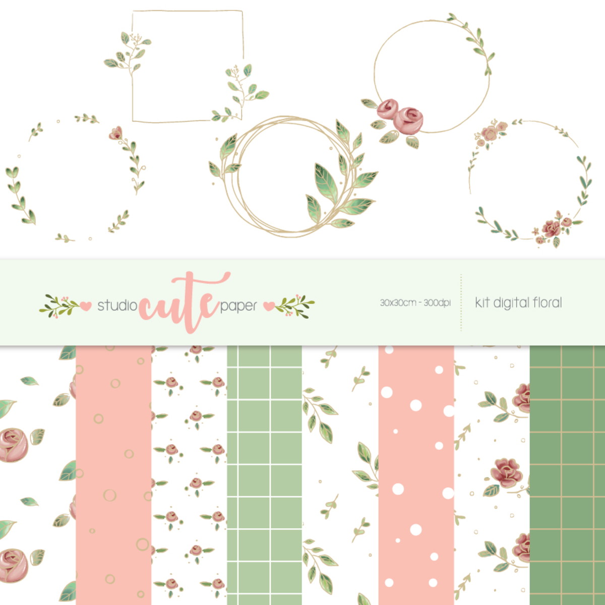 Kit Digital - Floral Papel e Frame