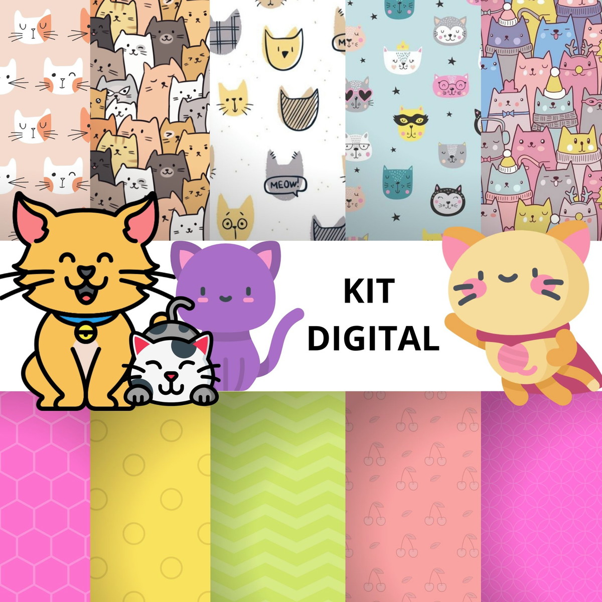 Kit Digital Papéis Gatinhos