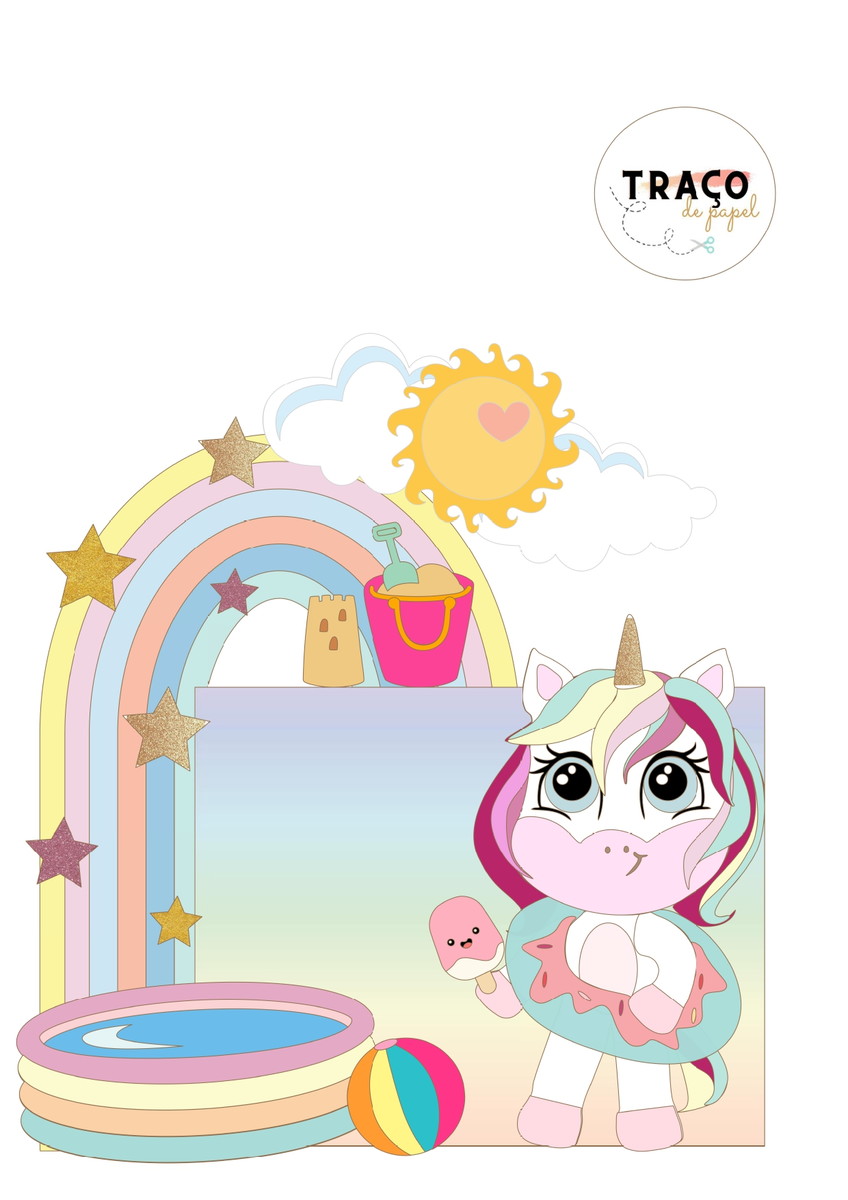 Topo de Bolo Unicornio Praia- 100% Camadas (arquivo Digital)