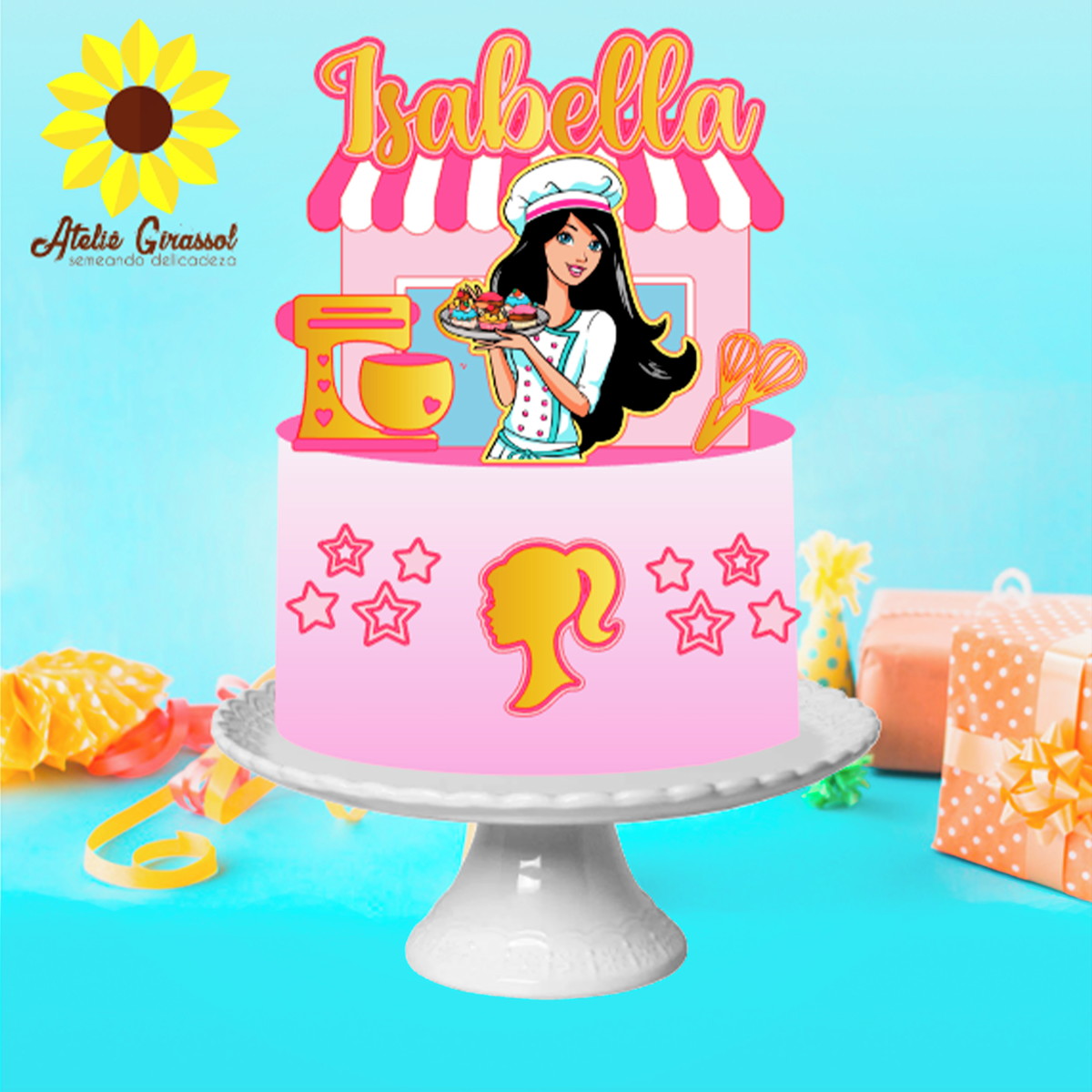 011 Arquivo Topo de Bolo Barbie Morena Confeiteira Ganhe +3