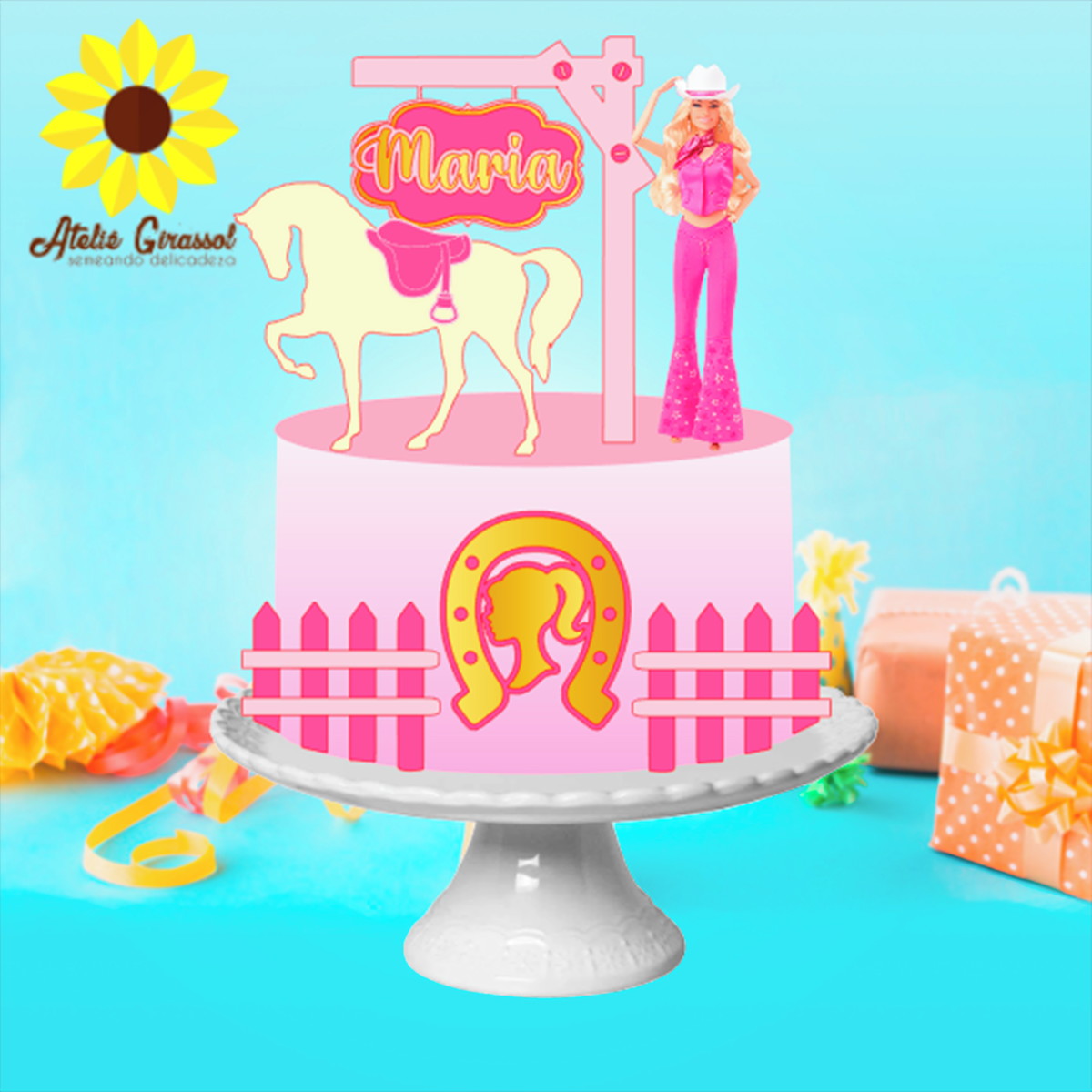 014 Arquivo Topo de Bolo Barbie Cowgirl Ganhe +produtos