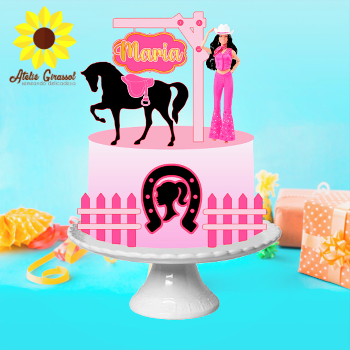 014 Arquivo Topo de Bolo Barbie Morena Cowgirl Ganhe+produto
