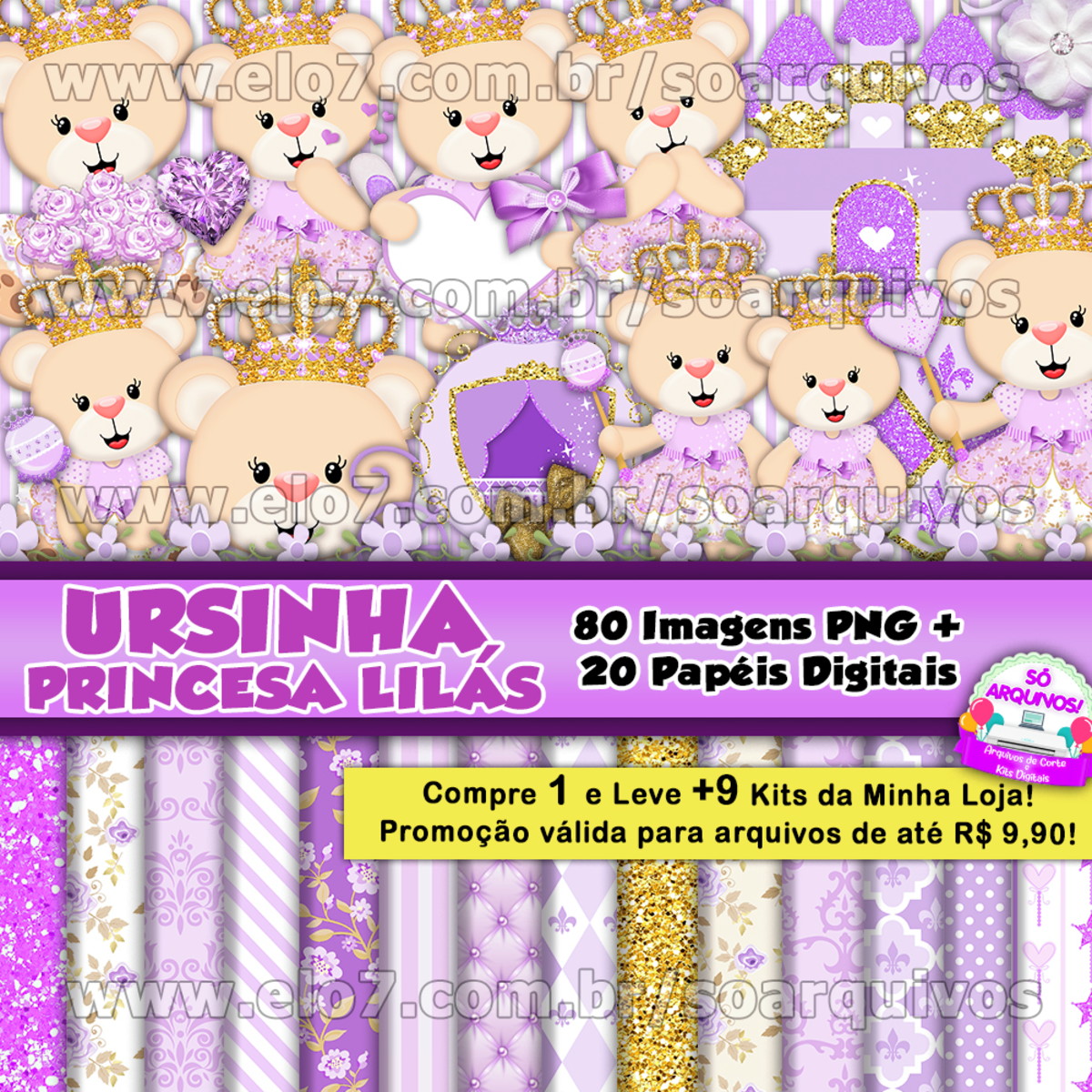 Kit Digital Ursinha Princesa Lilás