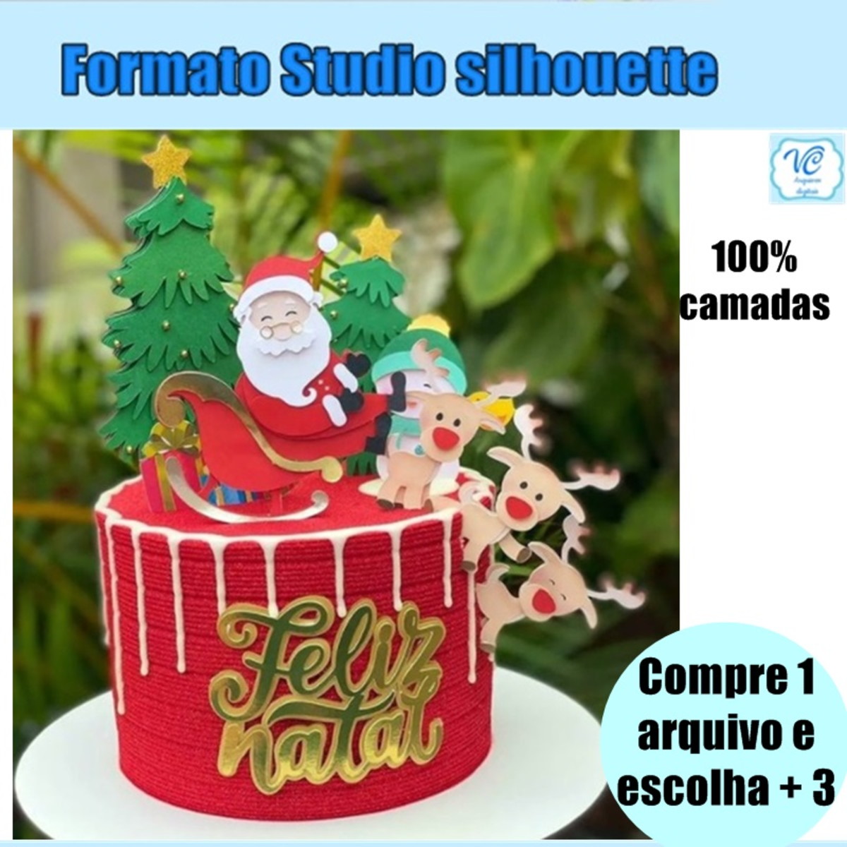 386 - Arquivo de Corte Topo de Bolo de Papai Noel e Renas