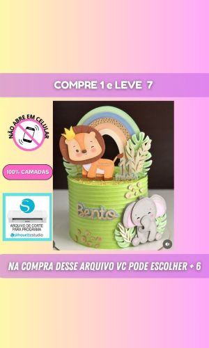 Arquivo de Corte Topo Bolo Leão e Elefante +6 Brindes #sf10