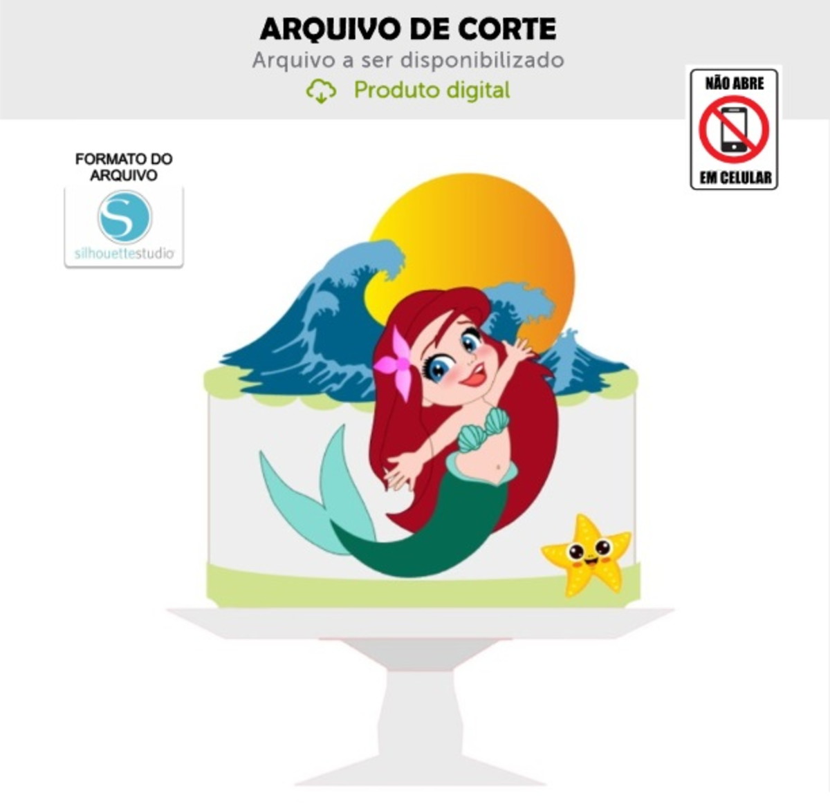 Arquivo de Corte Topo de Bolo Ariel Cute Sereia