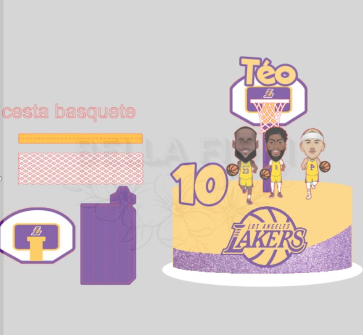Arquivo de Corte Topo de Bolo Basquete Lakers com Cesta3d