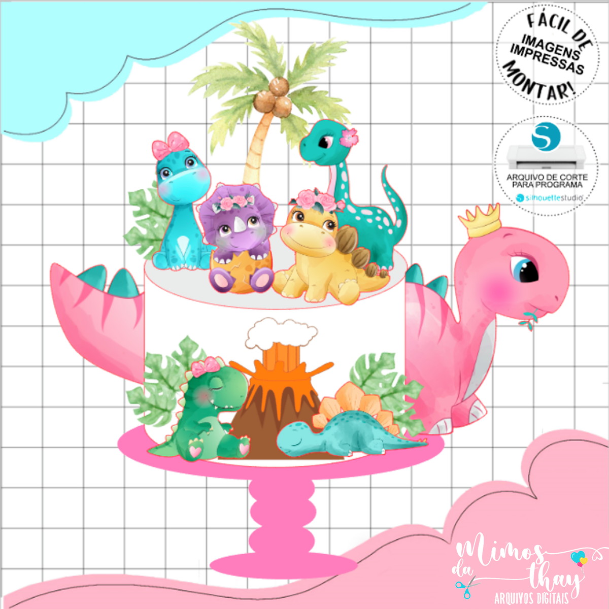 Arquivo de Corte: Topo de Bolo Dinossauro Aquarela Cute 021