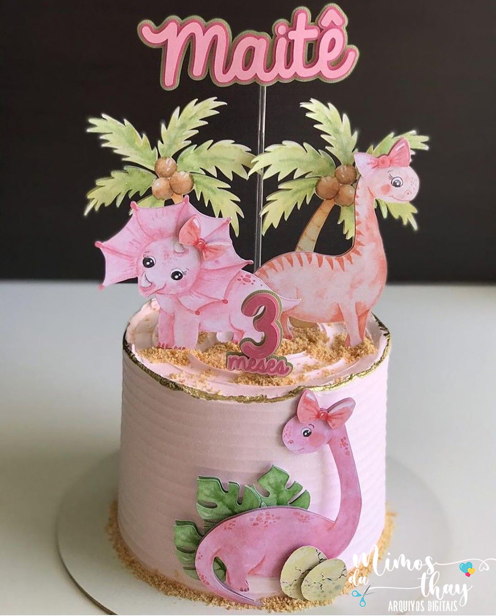 Arquivo de Corte: Topo de Bolo Dinossauro Aquarela Rosa 025
