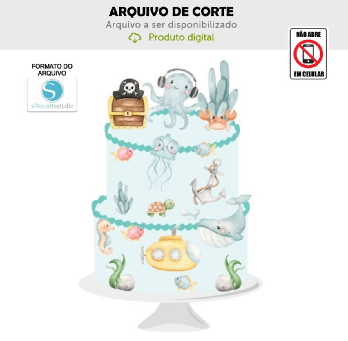 Arquivo de Corte Topo de Bolo Fundo do Mar Aquarela
