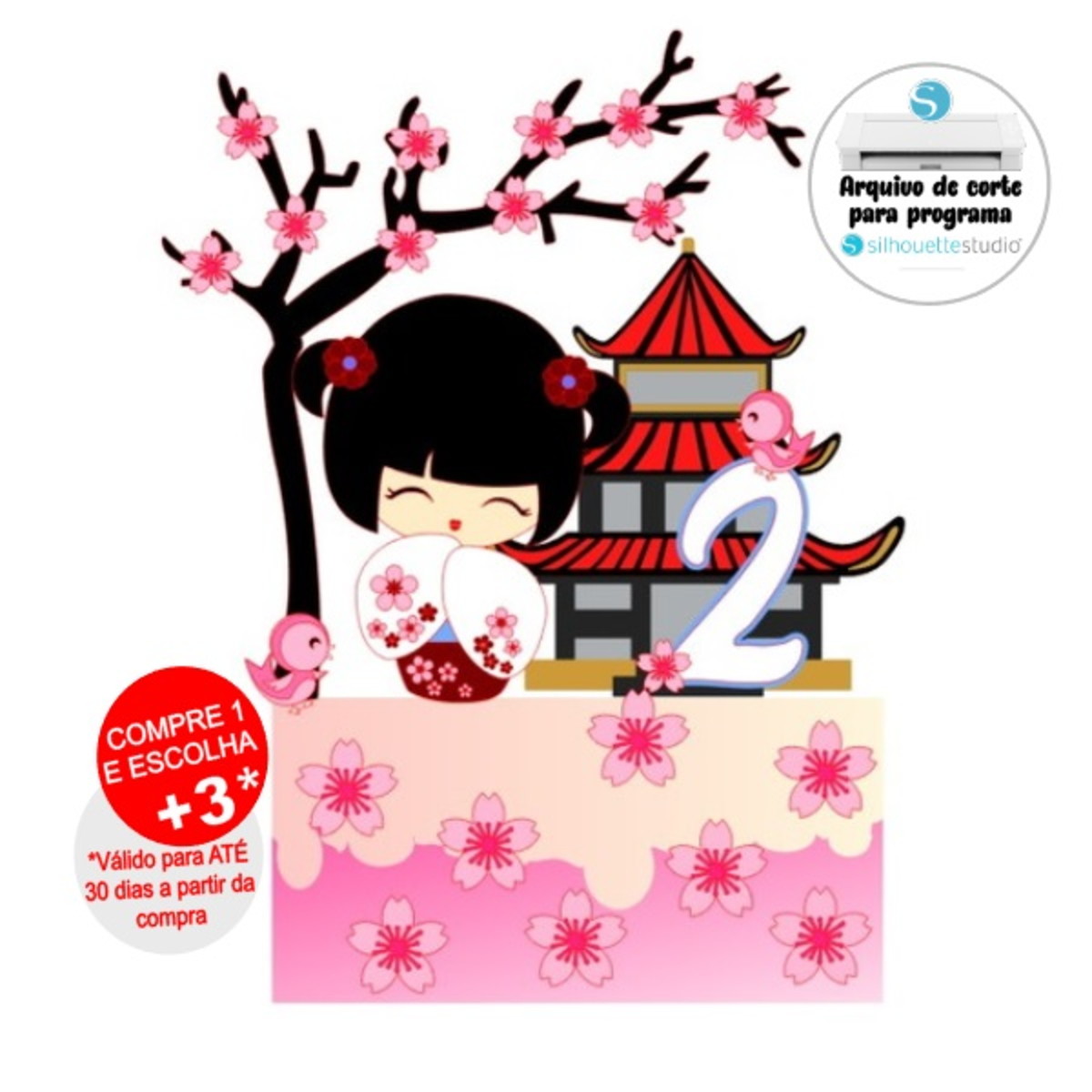 Arquivo de Corte Topo de Bolo Kokeshi - Japonesa