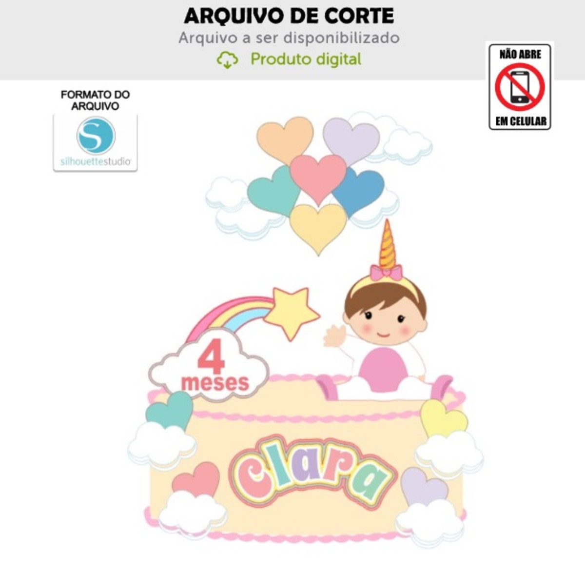 Arquivo de Corte Topo de Bolo Menina Unicornio Balões