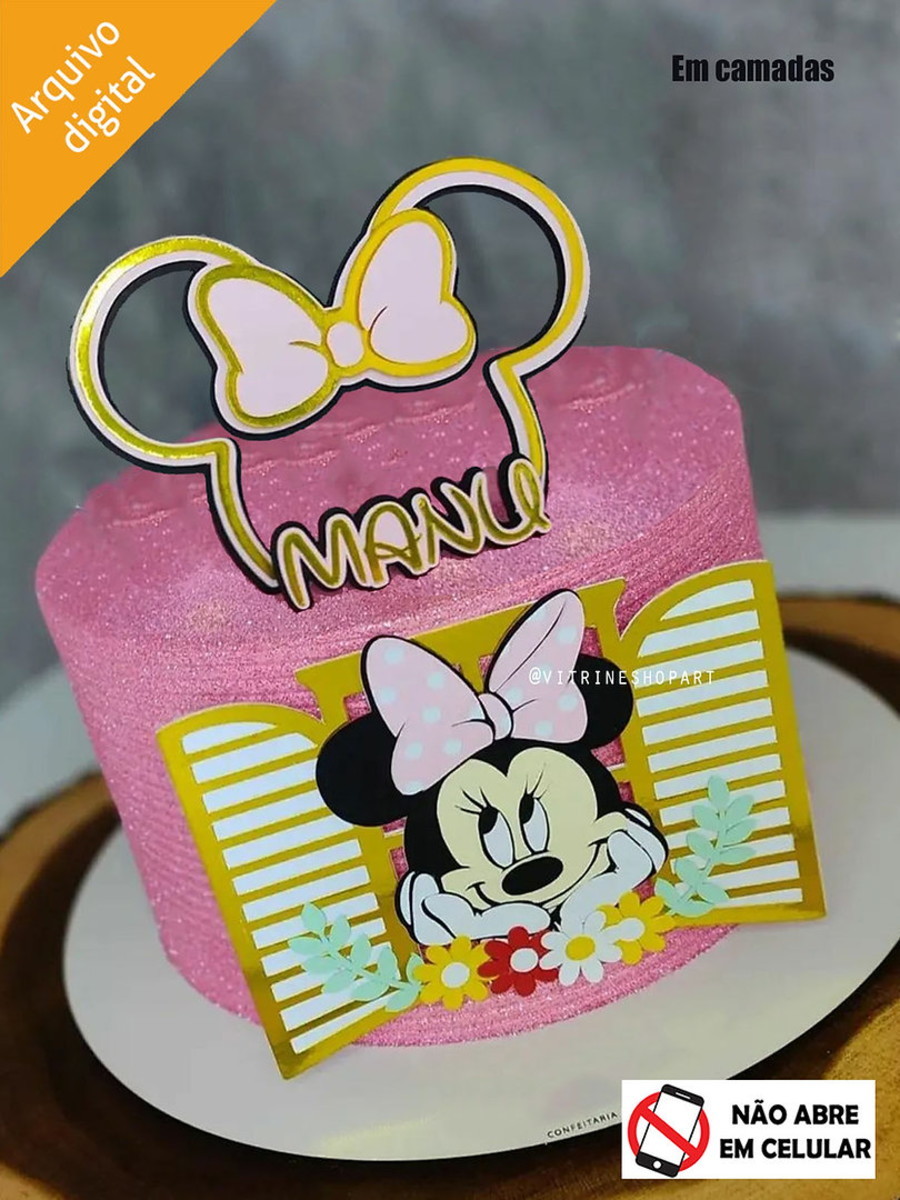 Arquivo de Corte Topo de Bolo Minnie Rosa Janela em Camadas