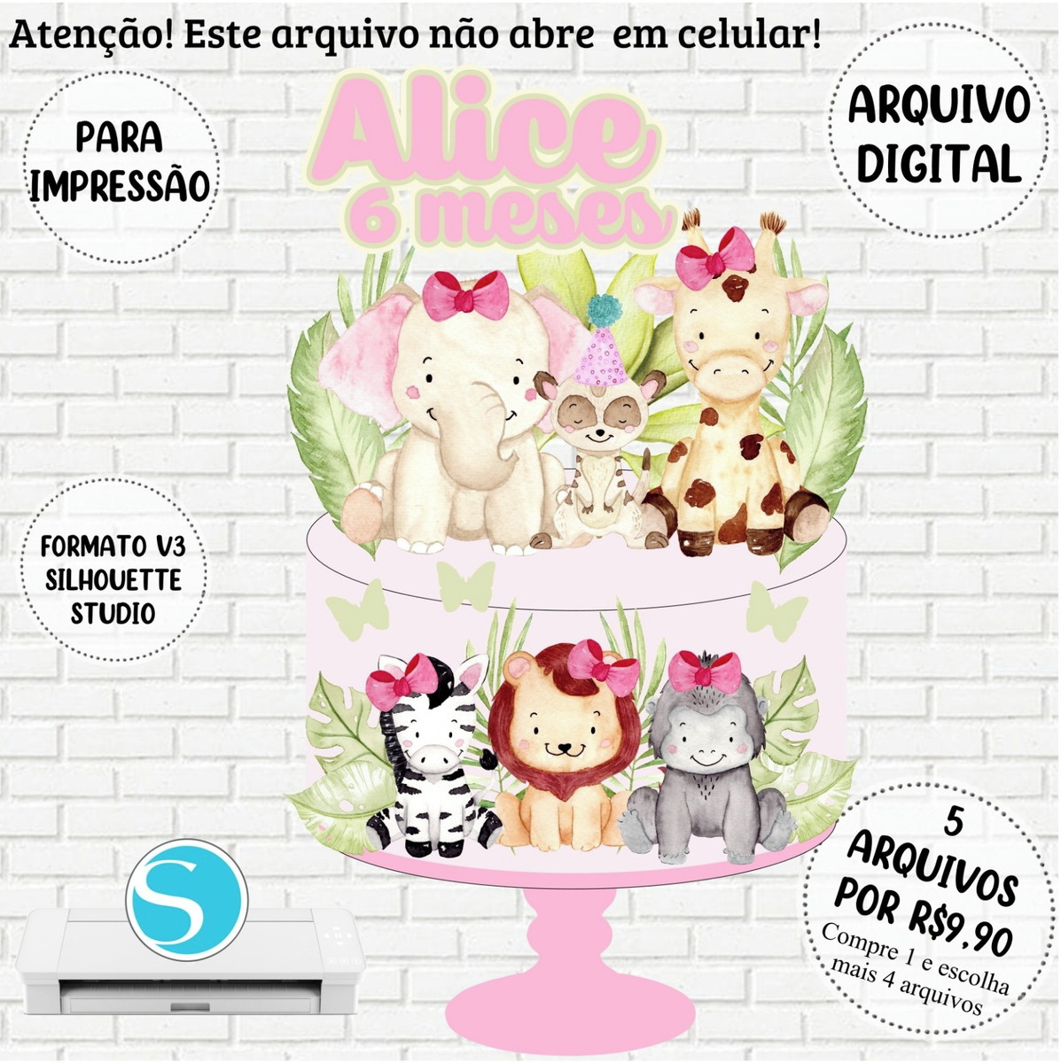 Arquivo de Corte Topo de Bolo Safari Aquarela Menina #808