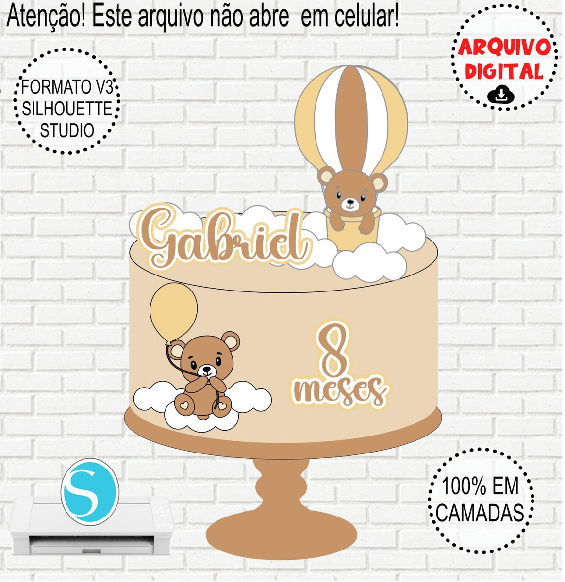 Arquivo de Corte Topo de Bolo Ursinho Balão em Camadas #846