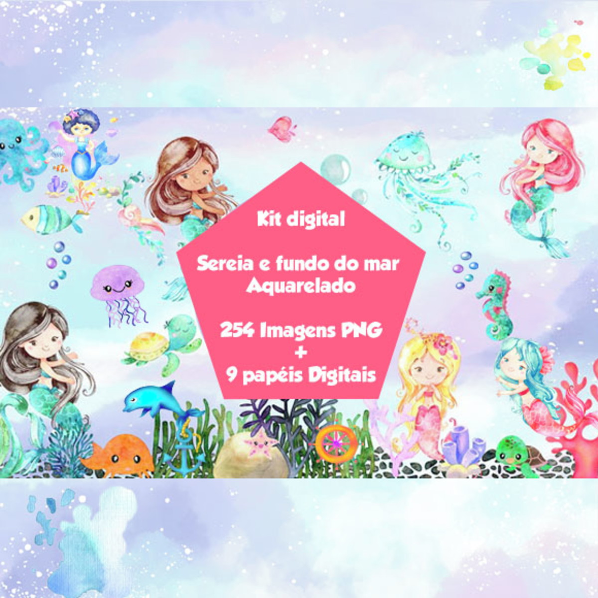 Arquivo Digital Sereia Aquarela 254 Imagens + 9 Papéis Digit