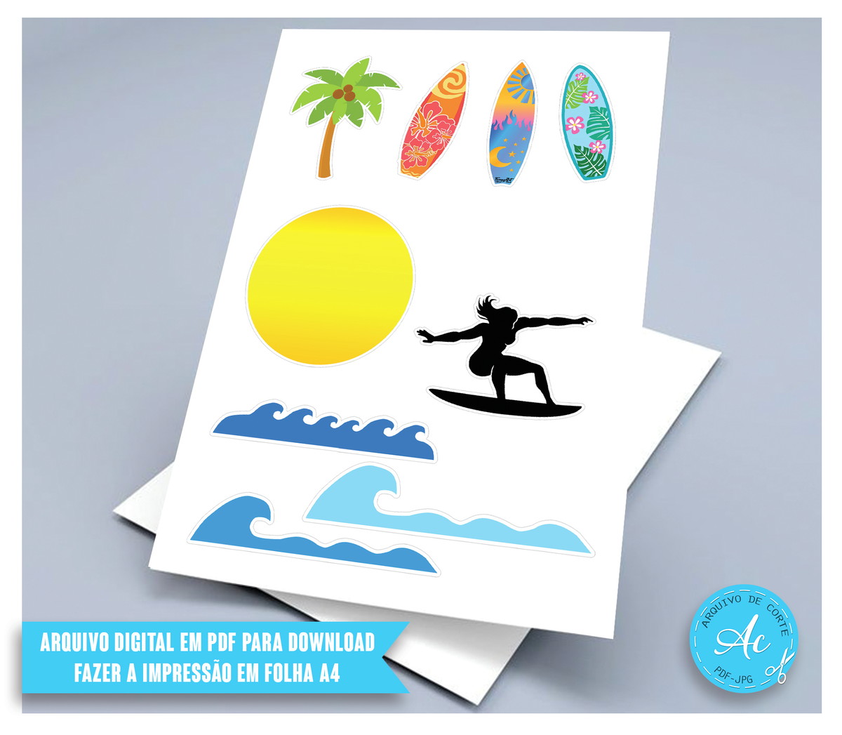 Arquivo digital Topo de bolo Mulher Surfista #1 PDF/JPG - Imagem 2
