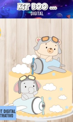 Arquivo Topo de Bolo - Aviador Urso Elefante