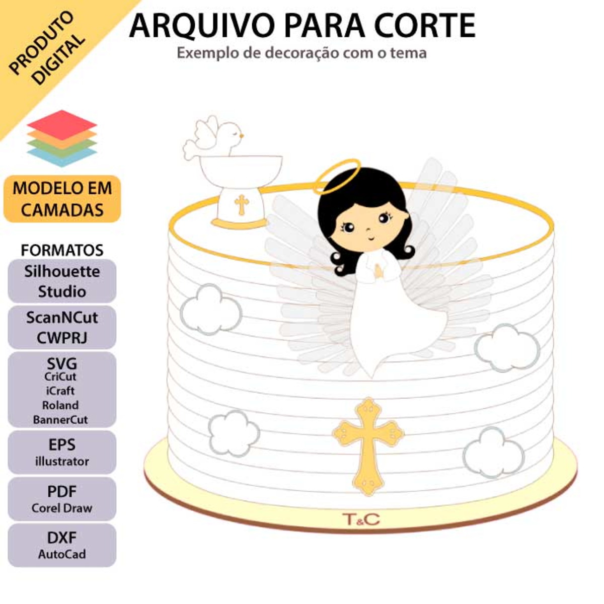 ARQUIVO Topo de bolo Batizado Anjinho Com Asas +1 arquivo - Imagem 3