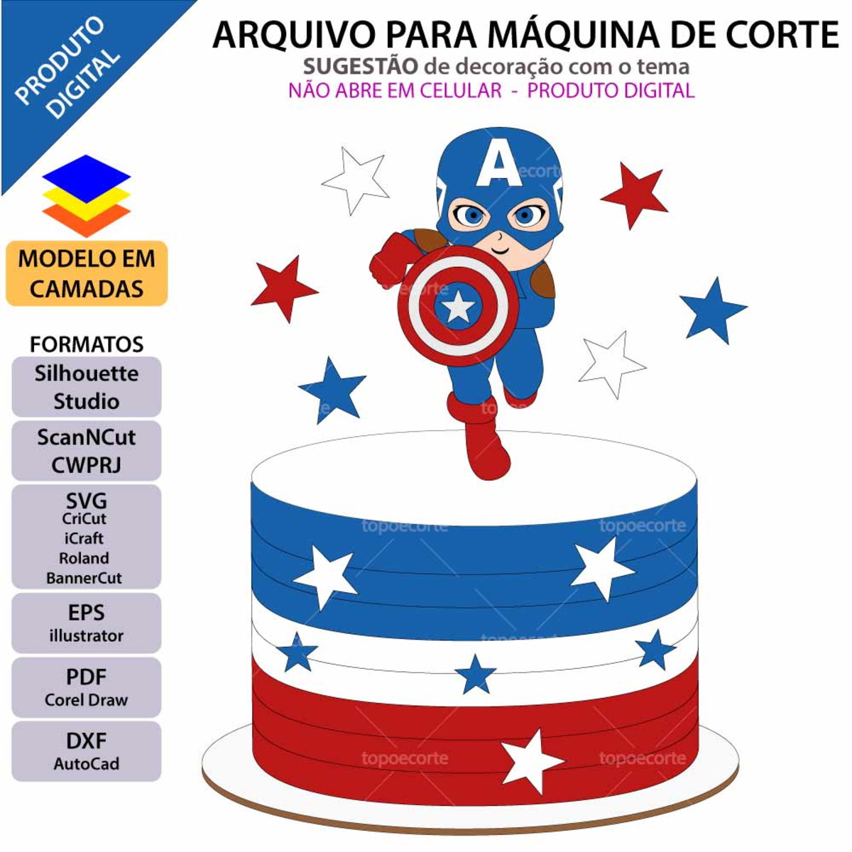 Arquivo Topo de Bolo Capitão América Menino +1 Arquivo - Imagem 2