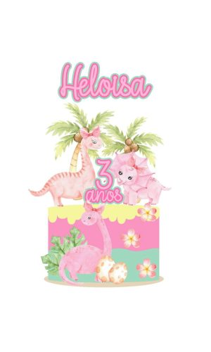Arquivo topo de bolo dino menina aquarela