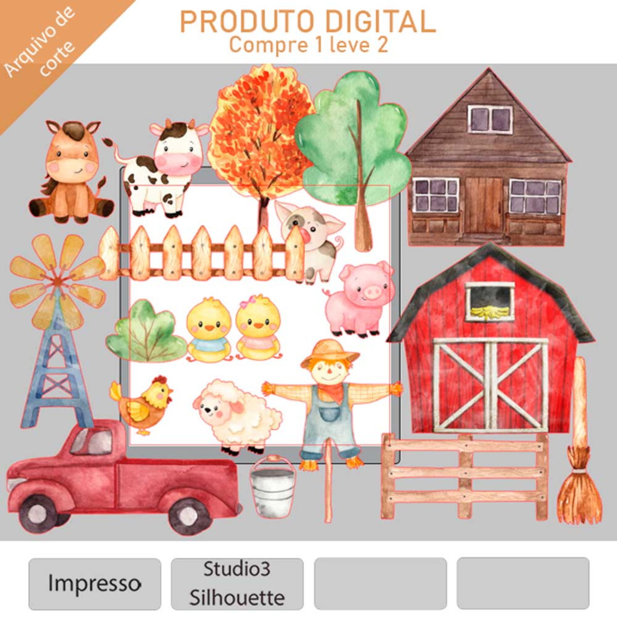 ARQUIVO Topo de bolo Fazendinha Aquarela +1tema