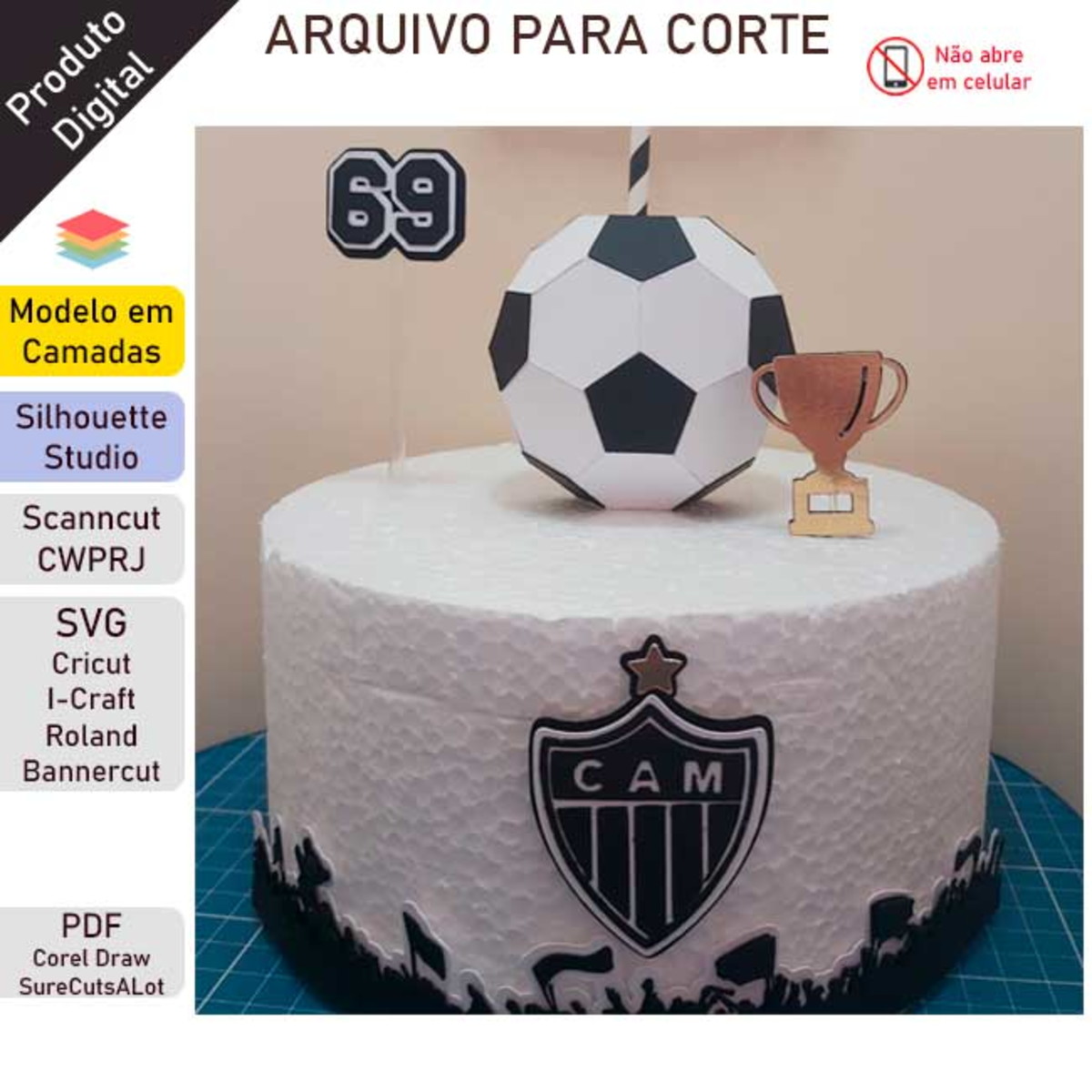ARQUIVO Topo de bolo Futebol com bola 3D +1 tema - Imagem 2