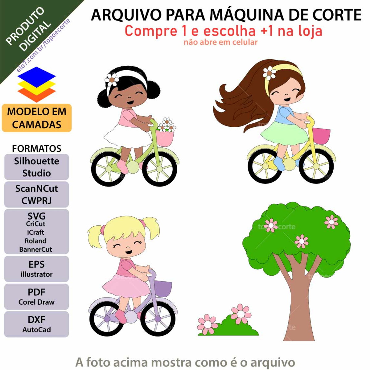 Arquivo Topo de Bolo Menina Bicicleta +1 Arquivo da Loja