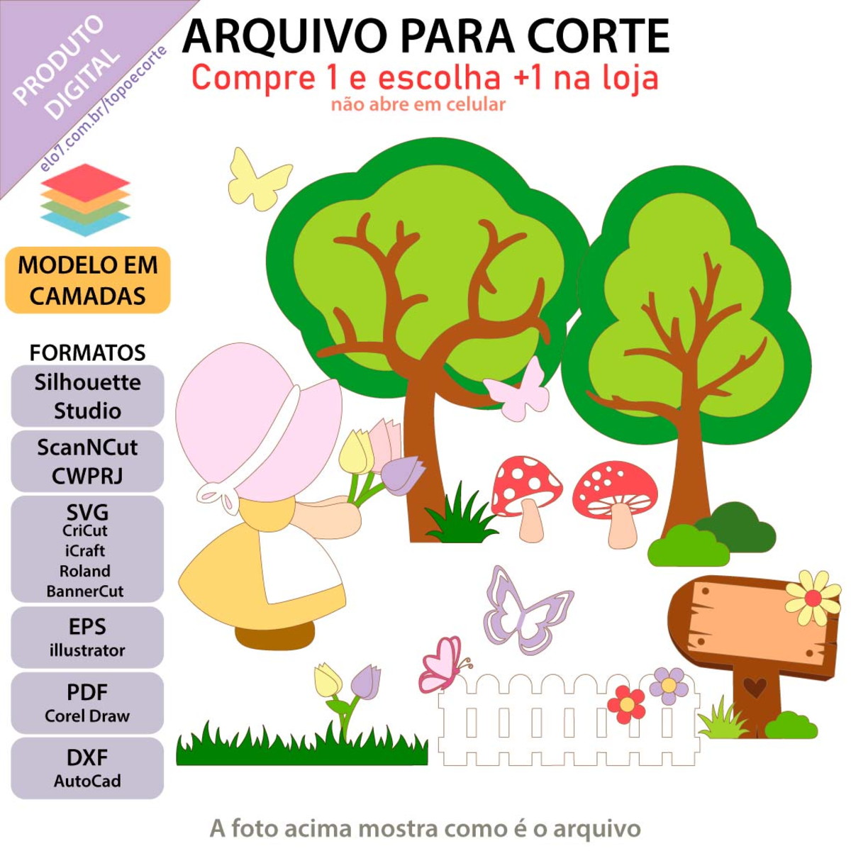 ARQUIVO Topo de bolo Menina No Jardim +1 arquivo da loja