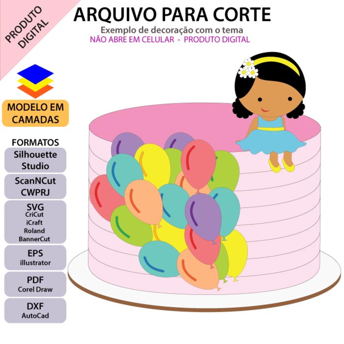 Arquivo Topo De Bolo Menina Sentada Balões +1 Arquivo