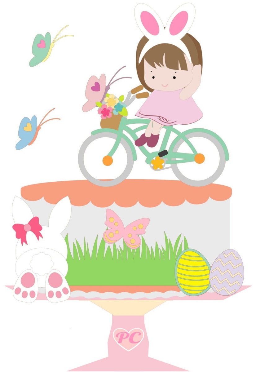 Arquivo Topo de Bolo Páscoa Coelho Menina Bicicleta