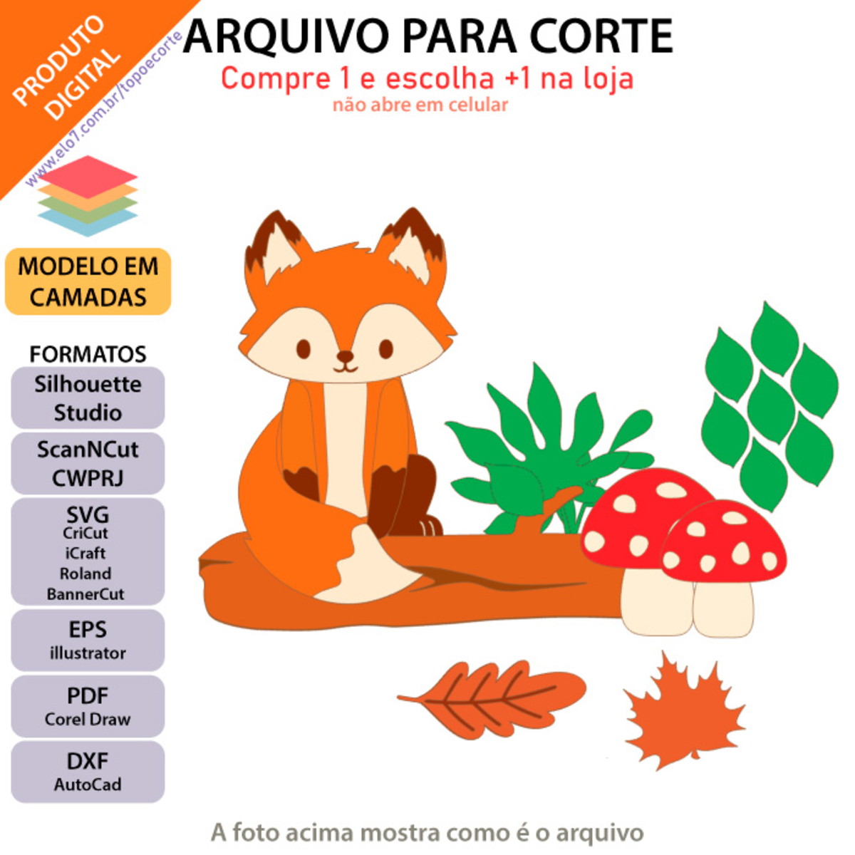 Arquivo topo de bolo Raposinha no tronco com folhas +1 tema - Imagem 2