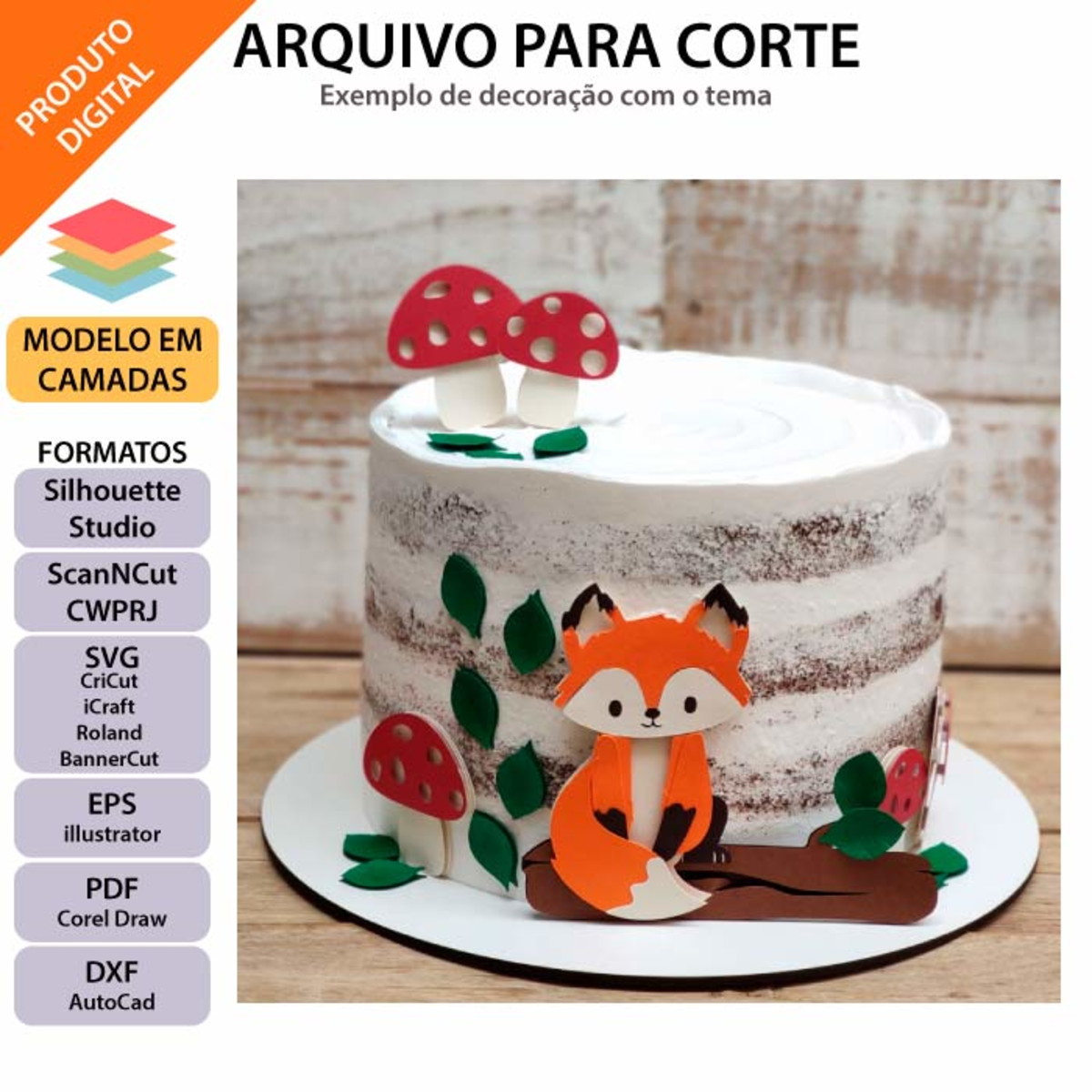 Arquivo topo de bolo Raposinha no tronco com folhas +1 tema