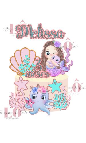 Arquivo Topo de Bolo Sereia Aquarela Cute