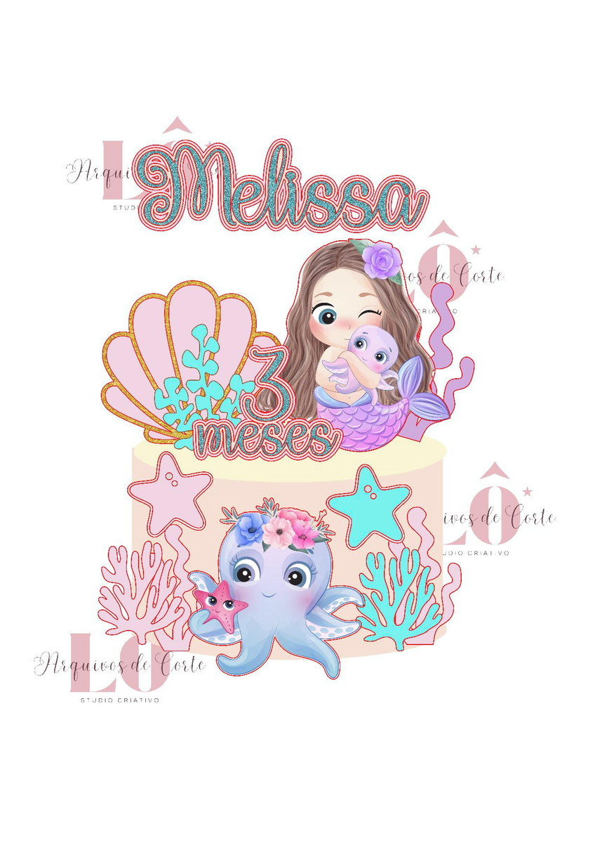 Arquivo Topo de Bolo Sereia Aquarela Cute