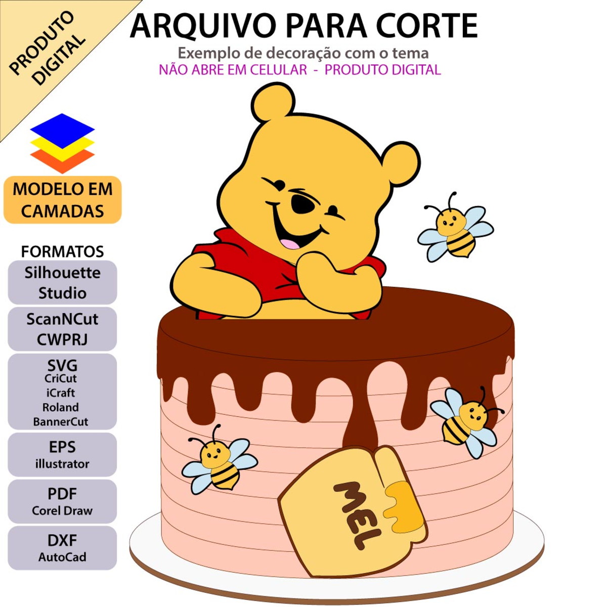 Arquivo Topo de Bolo Ursinho com Pote de Mel +1 Arquivo - Imagem 2
