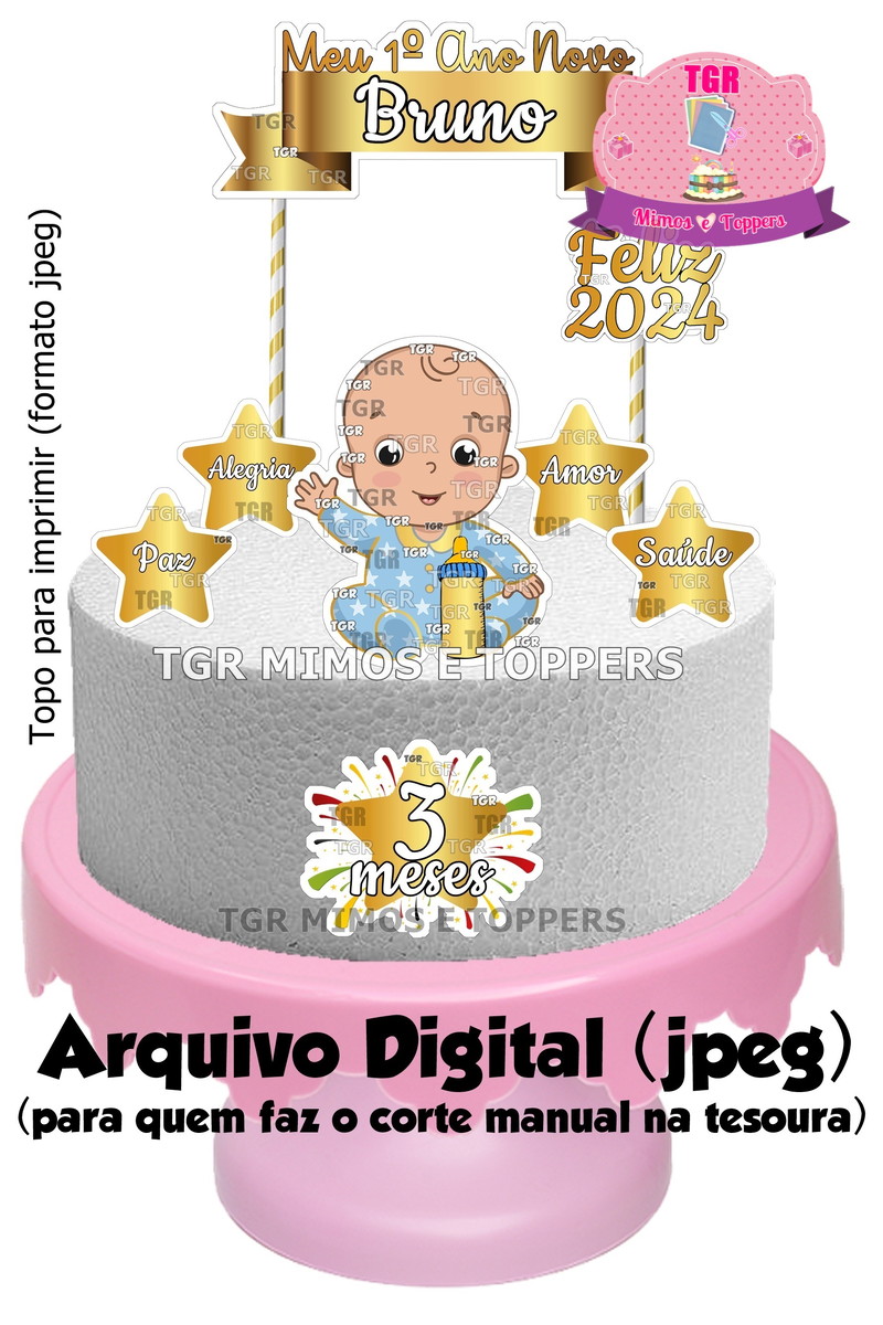 Arte Digital - Topo de Bolo Mesversário Ano Novo Menino Jpeg