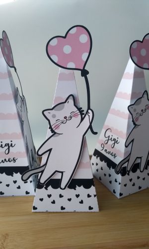 Kit Festa Gatinho Caixinhas, Bandeirolas, Topo de Bolo