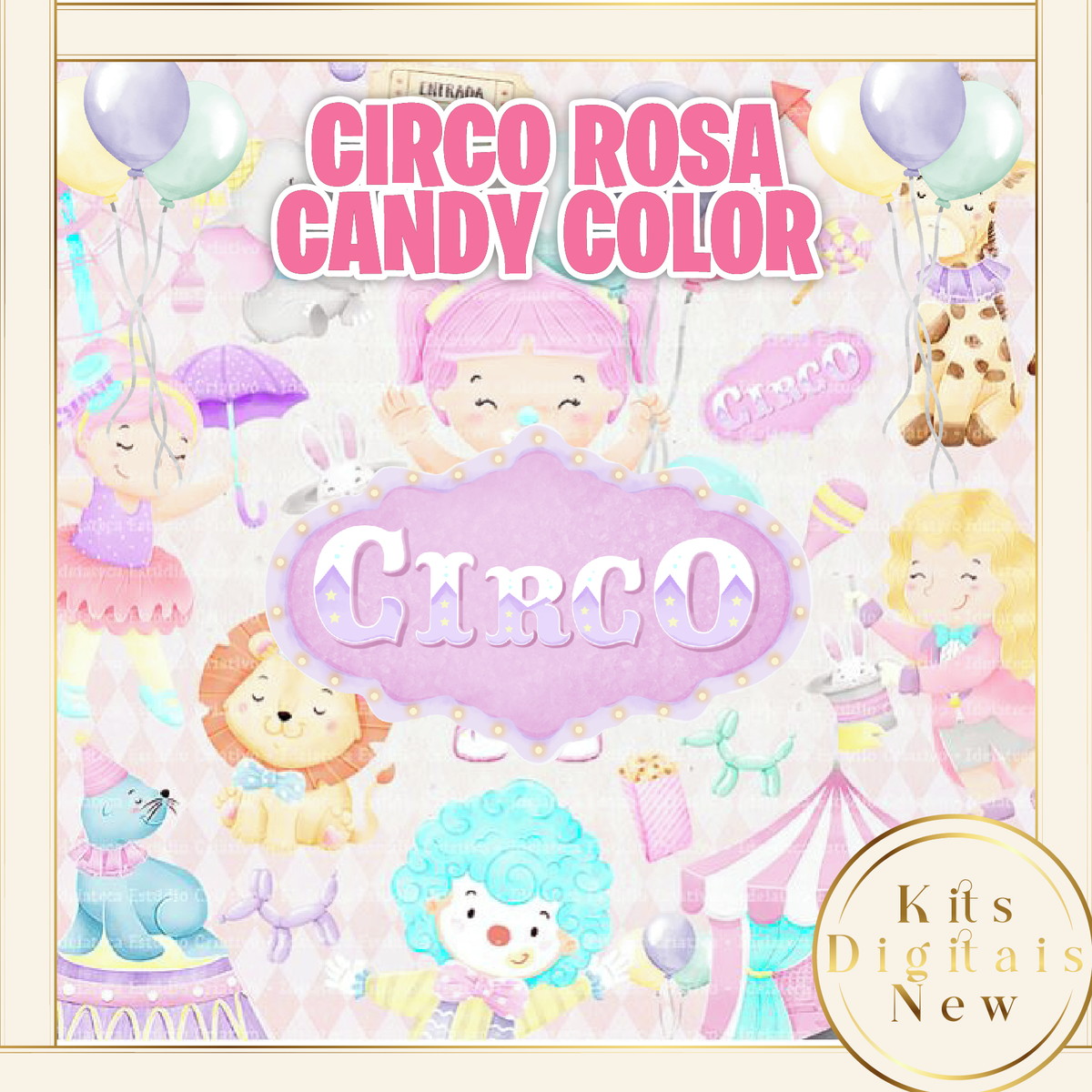 Circo Rosa Candy Color Aquarela Kit Digital