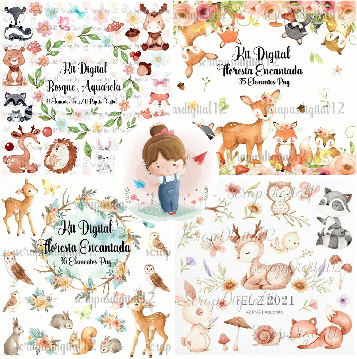 Combo - 7 Kits Digital Bosque Aquarela