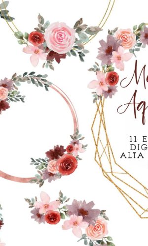 Kit Digital Marsala Floral Aquarela 11 Arquivos PNG cd.112