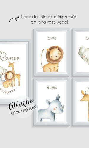 KIT 5 ARTES DIGITAIS - SAFARI AQUARELA COM NOME