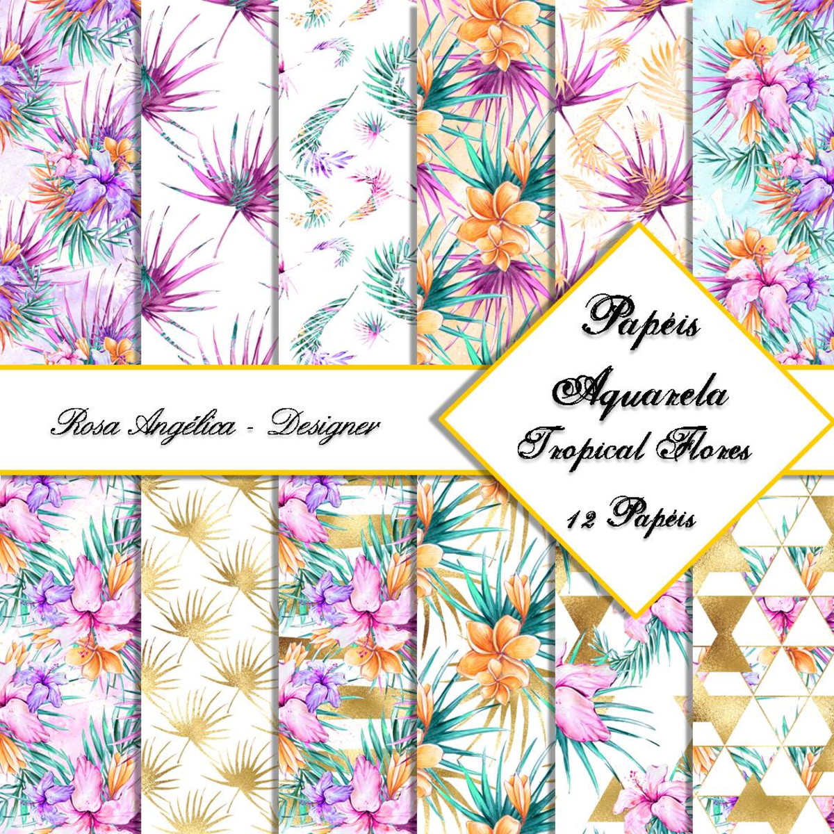 Kit Arquivo Digital Aquarela - Papéis Tropical Flores