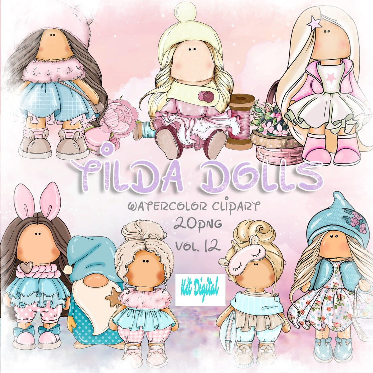 Kit Arquivo Digital Aquarelado Tilda Dolls 40 Png